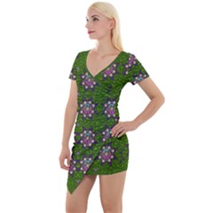 Star Over The Healthy Sacred Nature Ornate And Green Short Sleeve Asymmetric Mini Dress by pepitasart