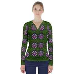 Star Over The Healthy Sacred Nature Ornate And Green V-neck Long Sleeve Top by pepitasart