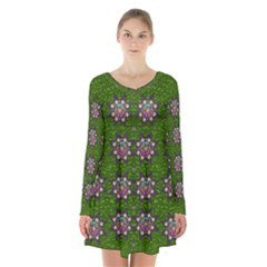 Star Over The Healthy Sacred Nature Ornate And Green Long Sleeve Velvet V-neck Dress by pepitasart