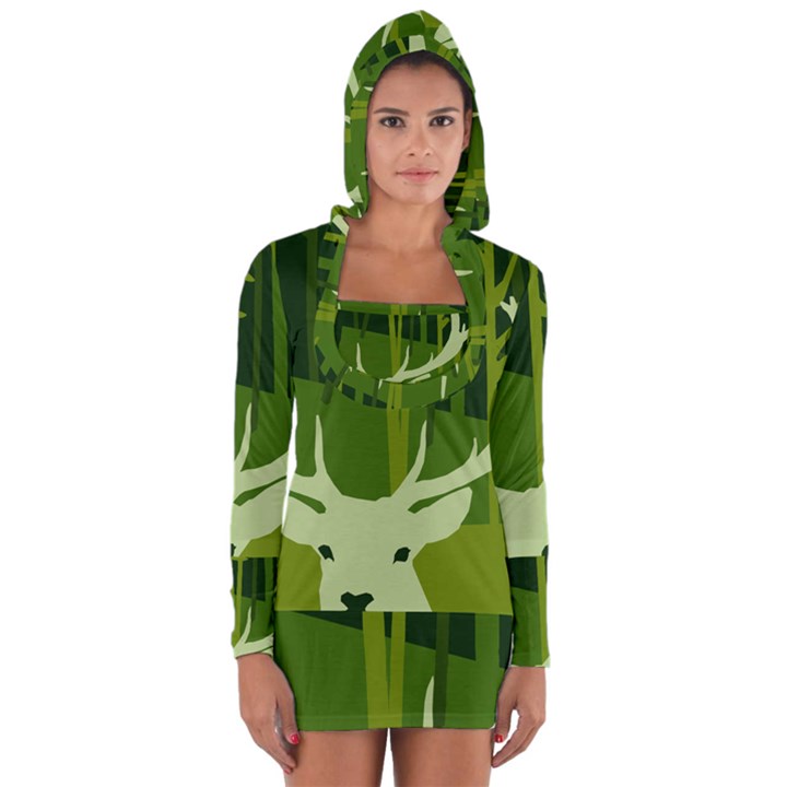 Forest Deer Tree Green Nature Long Sleeve Hooded T-shirt