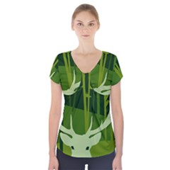 Forest Deer Tree Green Nature Short Sleeve Front Detail Top