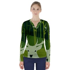 Forest Deer Tree Green Nature V-neck Long Sleeve Top