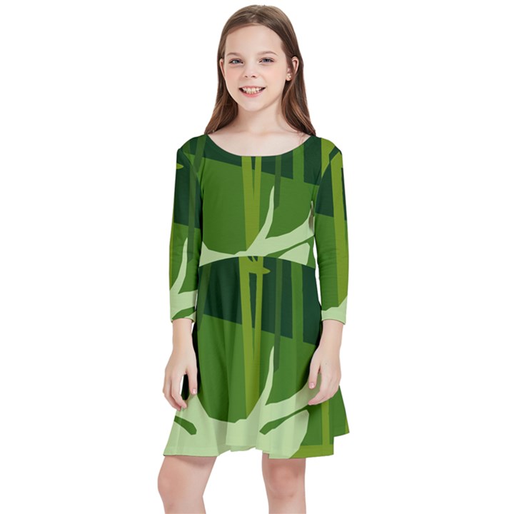 Forest Deer Tree Green Nature Kids  Quarter Sleeve Skater Dress