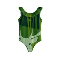 Forest Deer Tree Green Nature Kids  Frill Swimsuit