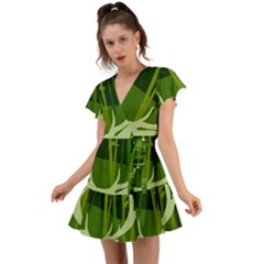 Forest Deer Tree Green Nature Flutter Sleeve Wrap Dress by HermanTelo