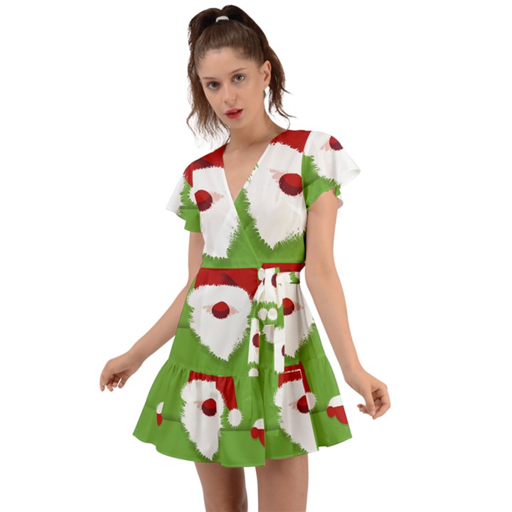 Santa Claus Hat Christmas Flutter Sleeve Wrap Dress