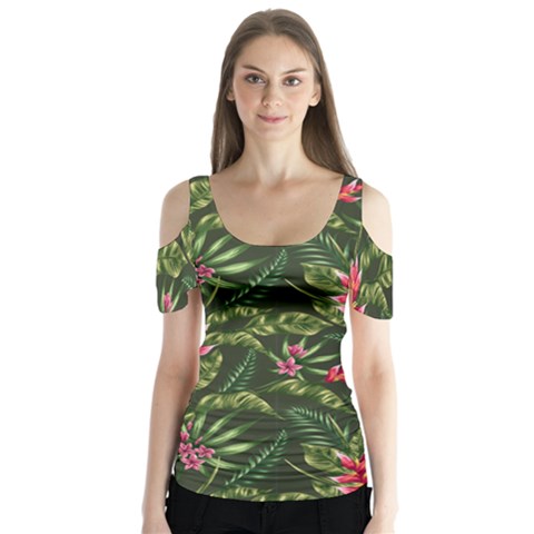 Tropical Flowers Butterfly Sleeve Cutout Tee  by goljakoff