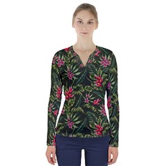 Tropical Flowers V-neck Long Sleeve Top by goljakoff