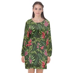 Tropical Flowers Long Sleeve Chiffon Shift Dress  by goljakoff