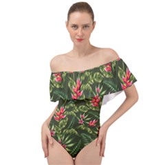 Tropical Flowers Off Shoulder Velour Bodysuit  by goljakoff