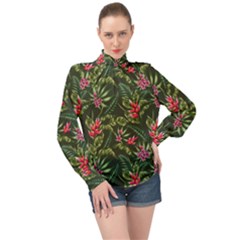 Tropical Flowers High Neck Long Sleeve Chiffon Top by goljakoff