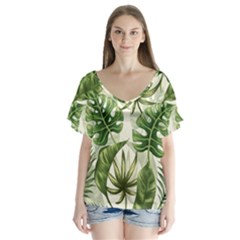 Green Leaves V-neck Flutter Sleeve Top by goljakoff