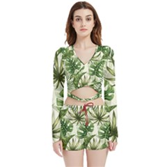 Green Leaves Velvet Wrap Crop Top And Shorts Set by goljakoff