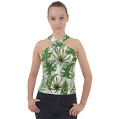 Green Leaves Cross Neck Velour Top by goljakoff