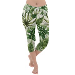 Green Leaves Lightweight Velour Capri Yoga Leggings by goljakoff