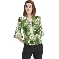 Green Leaves Loose Horn Sleeve Chiffon Blouse