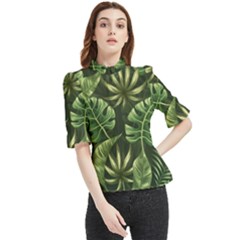 Green Leaves Frill Neck Blouse