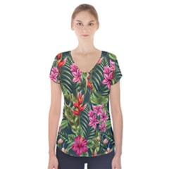 Tropical Flowers Short Sleeve Front Detail Top by goljakoff