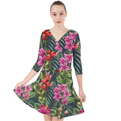 Tropical Flowers Quarter Sleeve Front Wrap Dress by goljakoff