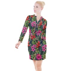 Tropical Flowers Button Long Sleeve Dress by goljakoff