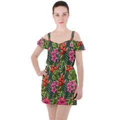 Tropical Flowers Ruffle Cut Out Chiffon Playsuit by goljakoff