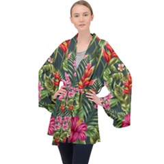 Tropical Flowers Long Sleeve Velvet Kimono  by goljakoff