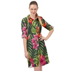 Tropical Flowers Long Sleeve Mini Shirt Dress by goljakoff