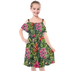 Tropical Flowers Kids  Cut Out Shoulders Chiffon Dress by goljakoff