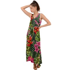 Tropical Flowers V-neck Chiffon Maxi Dress by goljakoff