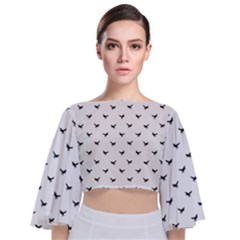 Birds Flying Motif Silhouette Print Pattern Tie Back Butterfly Sleeve Chiffon Top