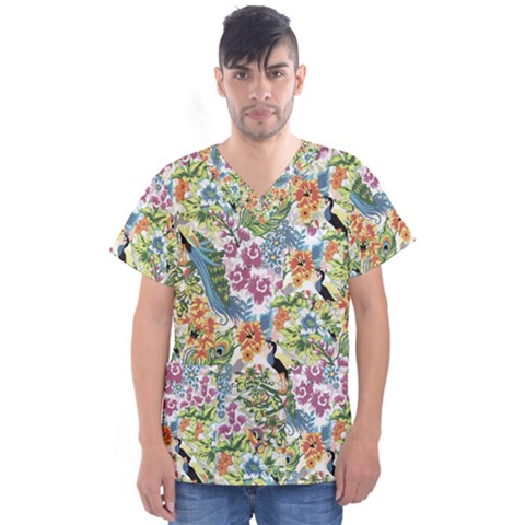 Peacock Pattern Men s V-neck Scrub Top by goljakoff