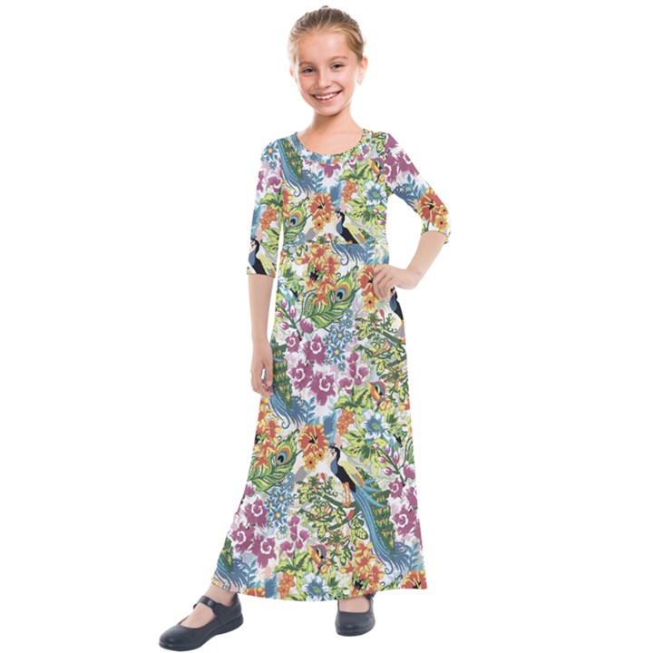 Peacock pattern Kids  Quarter Sleeve Maxi Dress