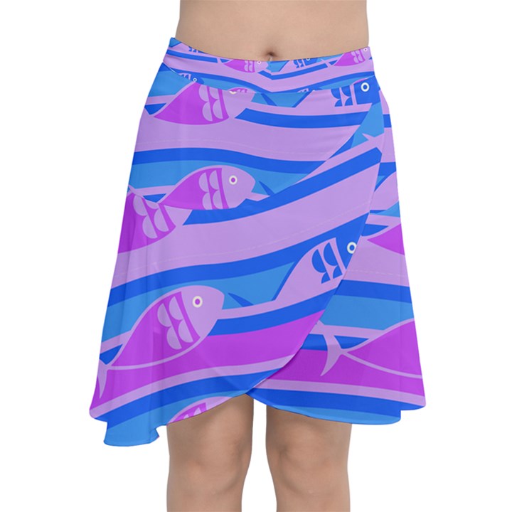 Fish Texture Blue Violet Module Chiffon Wrap Front Skirt