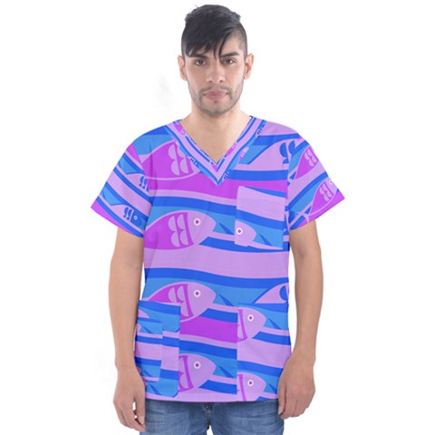 Fish Texture Blue Violet Module Men s V-neck Scrub Top by HermanTelo