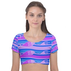 Fish Texture Blue Violet Module Velvet Short Sleeve Crop Top 