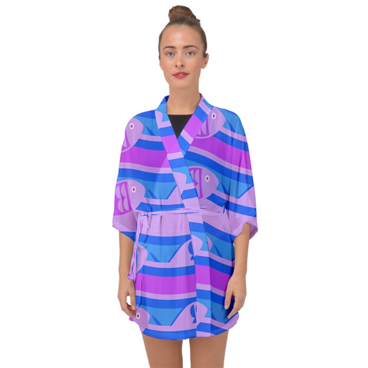 Fish Texture Blue Violet Module Half Sleeve Chiffon Kimono