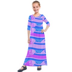 Fish Texture Blue Violet Module Kids  Quarter Sleeve Maxi Dress by HermanTelo