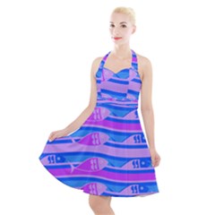 Fish Texture Blue Violet Module Halter Party Swing Dress  by HermanTelo