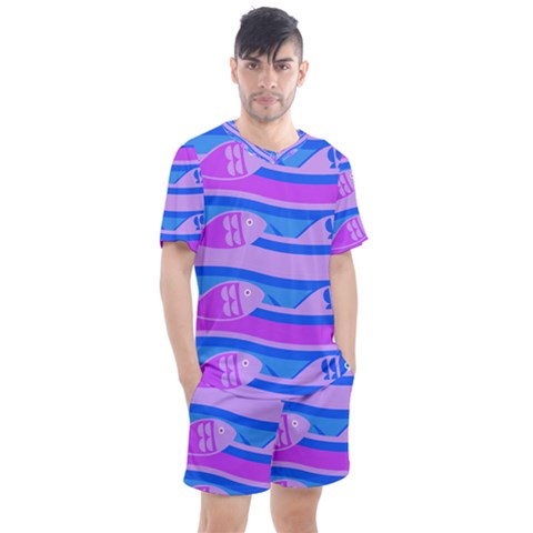 Fish Texture Blue Violet Module Men s Mesh Tee And Shorts Set by HermanTelo