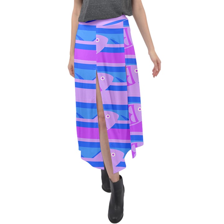 Fish Texture Blue Violet Module Velour Split Maxi Skirt