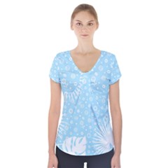 Flower Illustrations Short Sleeve Front Detail Top