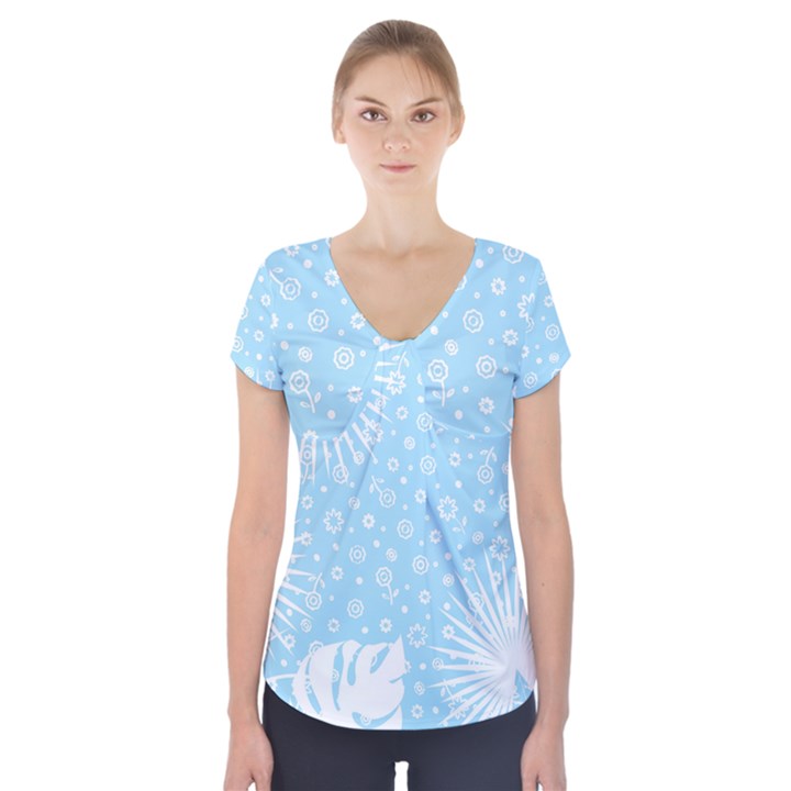 Flower Illustrations Short Sleeve Front Detail Top