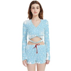 Flower Illustrations Velvet Wrap Crop Top And Shorts Set