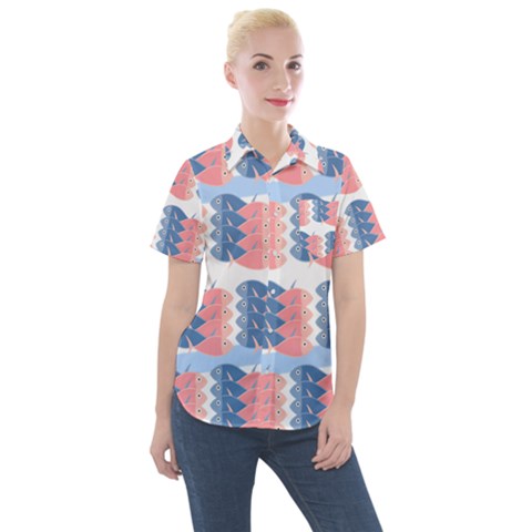 Fish Texture Rosa Blue Sea Women s Short Sleeve Pocket Shirt by HermanTelo