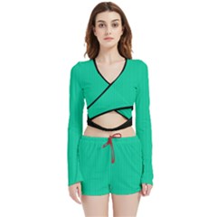 Caribbean Green - Velvet Wrap Crop Top And Shorts Set by FashionLane