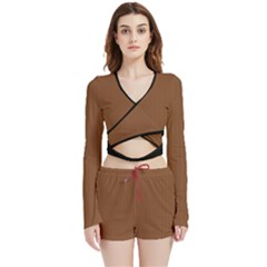 Caramel Cafe Brown - Velvet Wrap Crop Top And Shorts Set by FashionLane