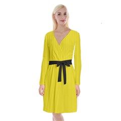 Citrine Yellow - Long Sleeve Velvet Front Wrap Dress by FashionLane