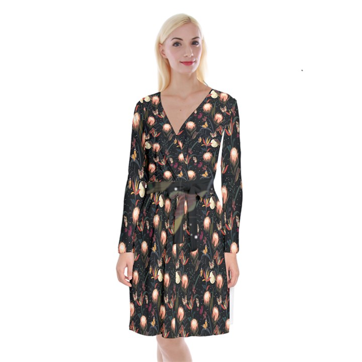 Seamless Garden Pattern Long Sleeve Velvet Front Wrap Dress