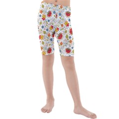 Red Yellow Flower Pattern Kids  Mid Length Swim Shorts by designsbymallika