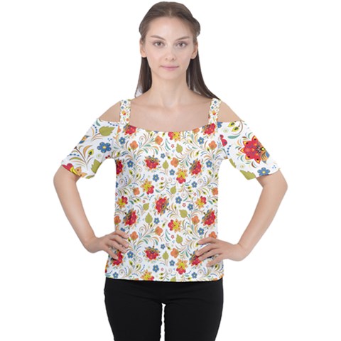 Red Yellow Flower Pattern Cutout Shoulder Tee by designsbymallika